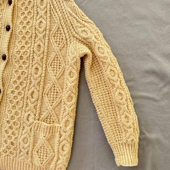 Vintage Irish Wool Sweater Hand Knit Cardigan Collar Ivory Chunky Fisherman READ - Picture 15 of 16